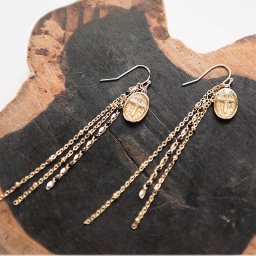 Handcrafted 18KGP Brass Cross Medallion Earrings